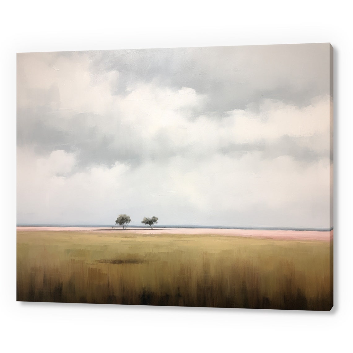 Minimalist Field With Two Trees Pink Horizon Wide Open Sky Poster
