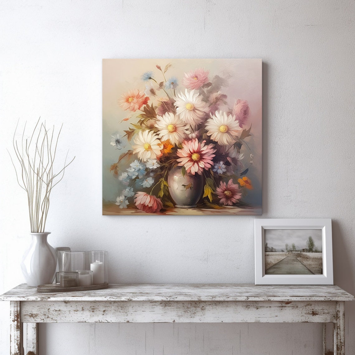 Vintage Pastel Bouquet Of Daisies In Vase Soft Floral Art Print - Image 2