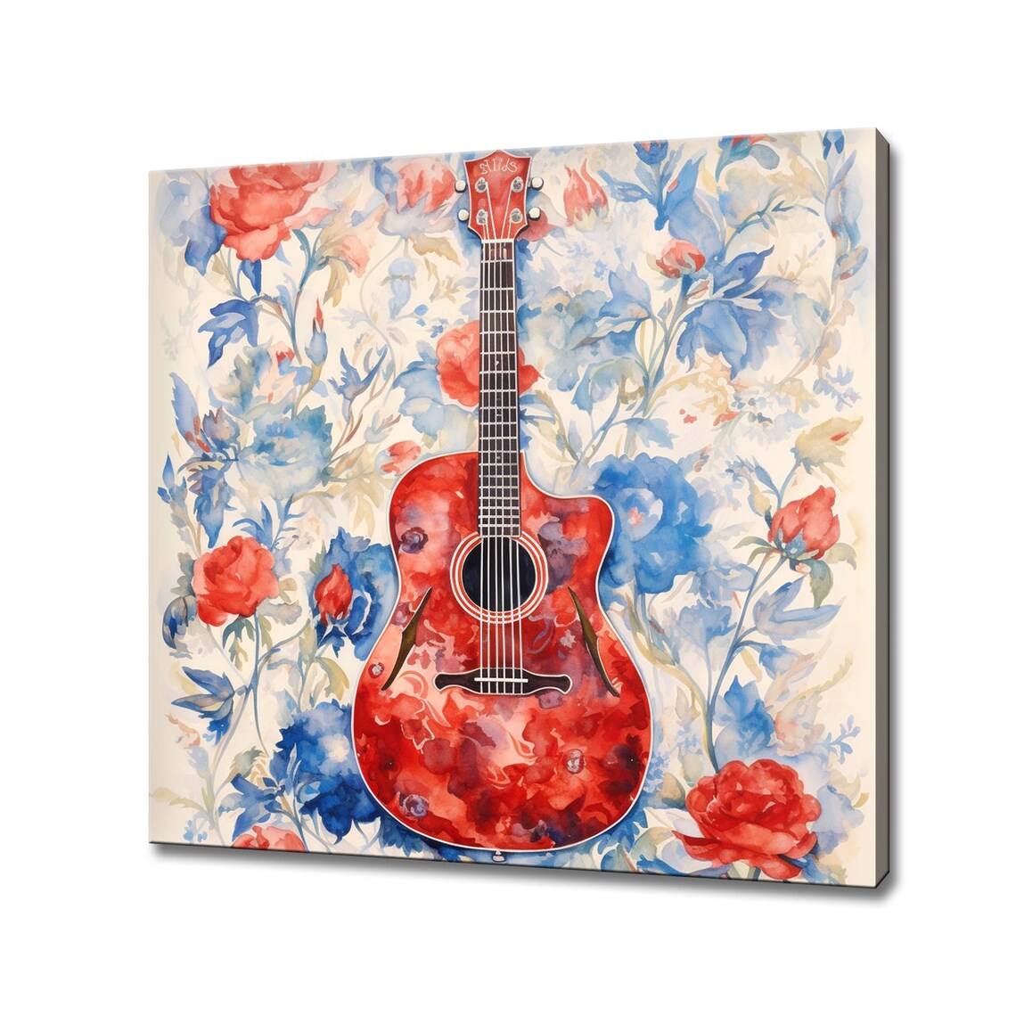 Red Acoustic Guitar Watercolor With Blue Red Floral Music Art Poster