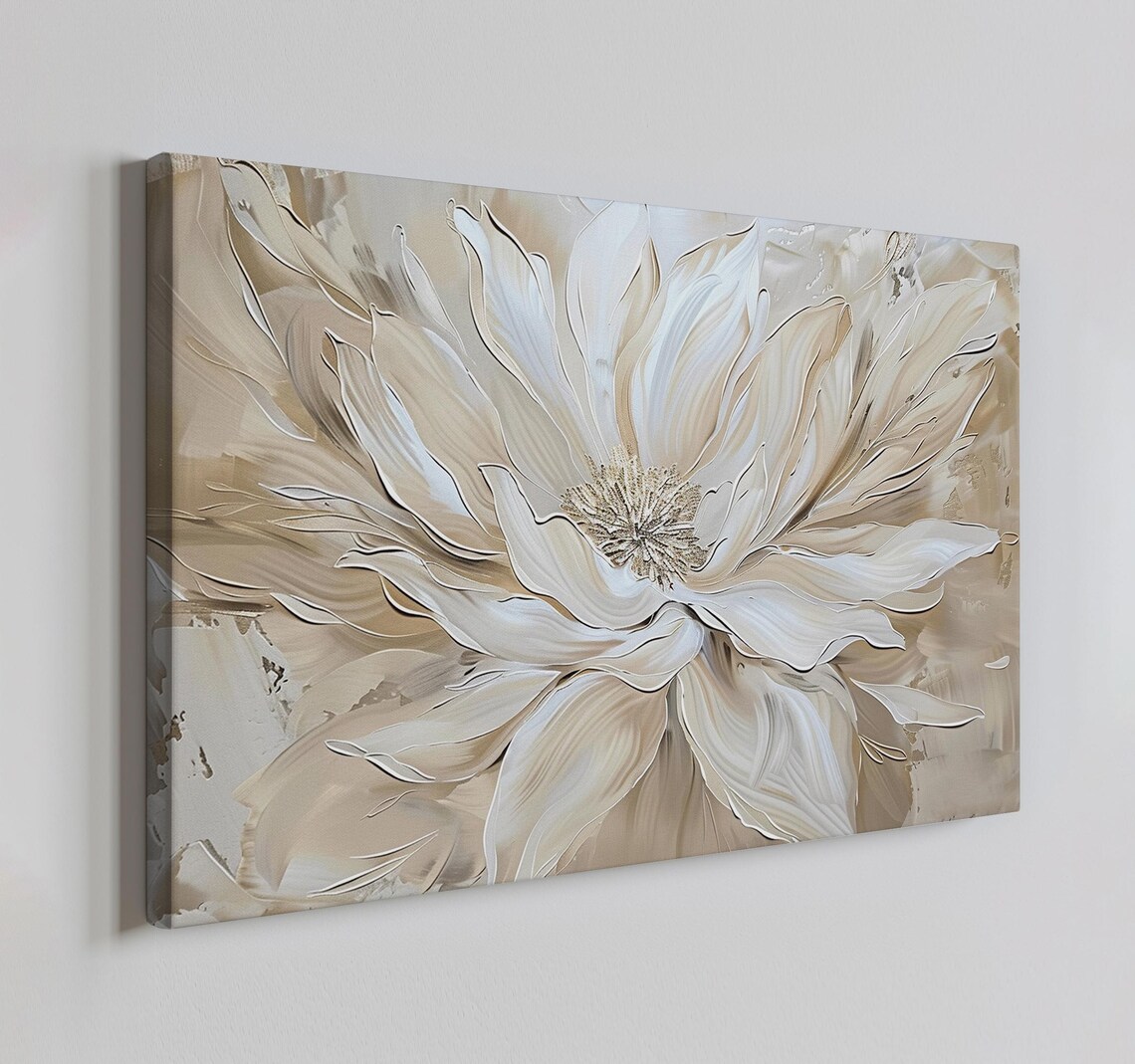 White Beige Flower Oil-Painting Style Art Print
