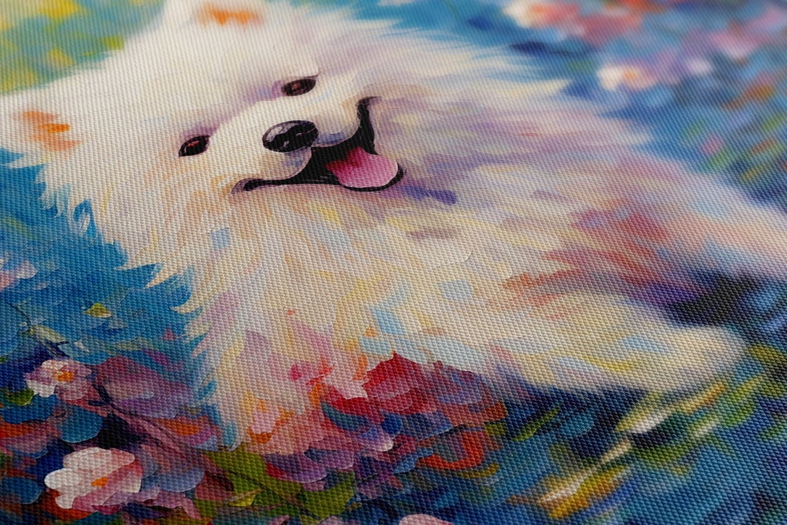 Samoyed Dog Puppy In Flowers Field Animal Print Gift For Samoyed Dog Lover Colourful Dog Portrait Painting Print Dog Pet Wall Art - Image 2