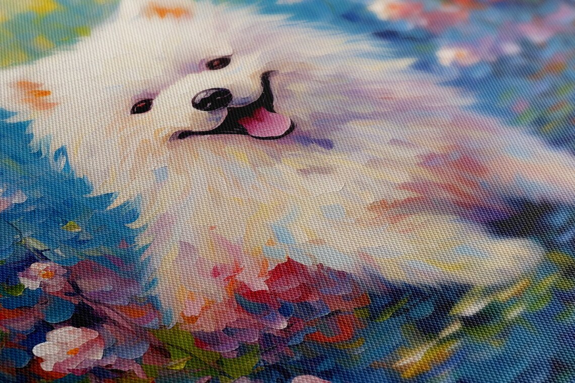 White Samoyed Puppy Among Blossoms By Water Colorful Painting Poster - Image 2