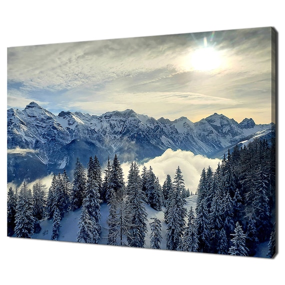 Sun Shining Over Snowy Mountains Forest Modern Design Home Decor Print Wall Art Picture