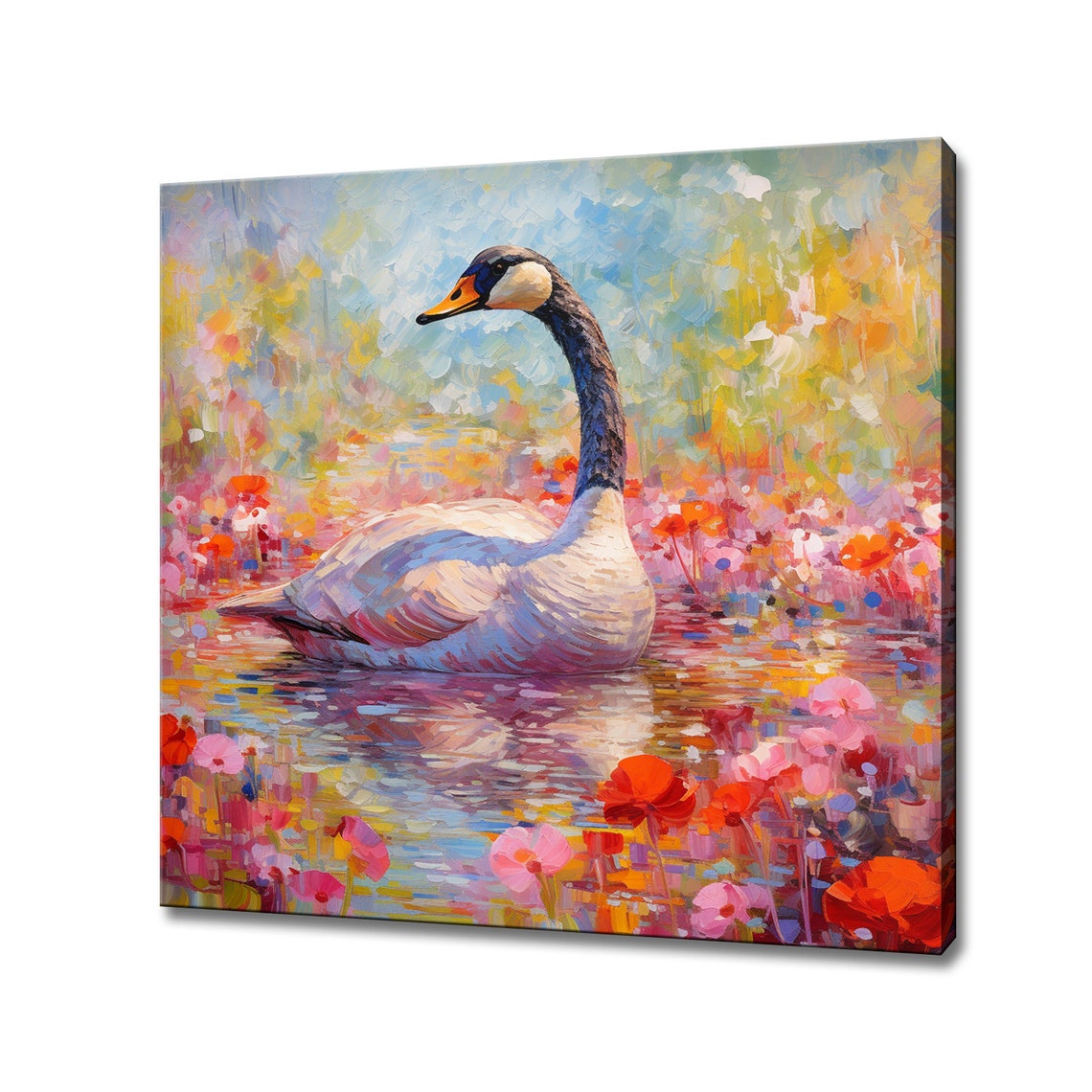 Canada Goose Pond Pink Flowers Impressionist Colourful Bird Art Print