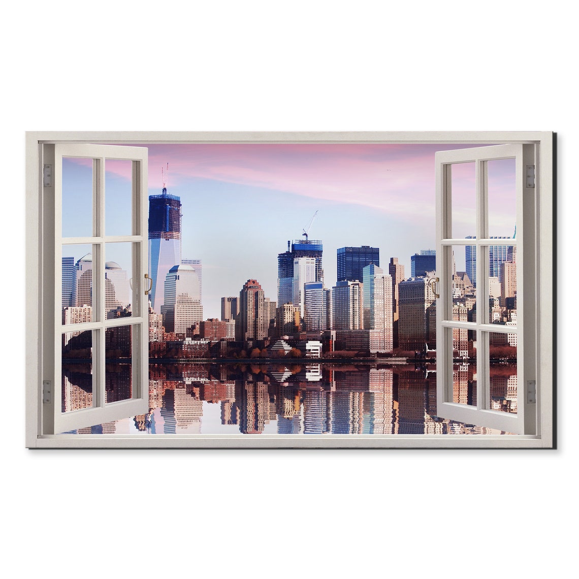 New York Downtown Skyline Sunset Reflection Hudson Window View Poster