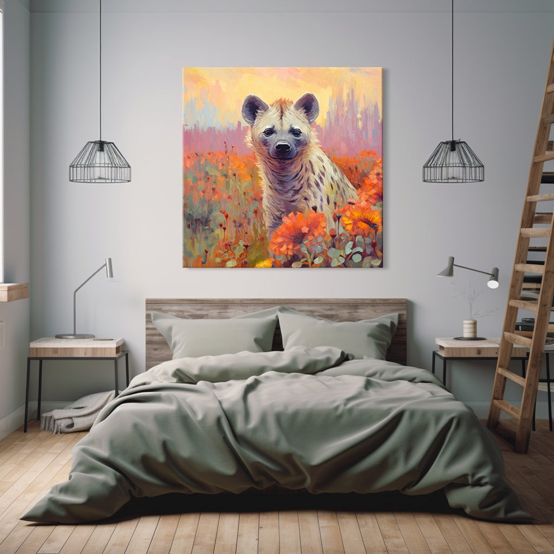 Spotted Hyena Pup Orange Wildflower Sunset Impressionist Art Print - Image 2