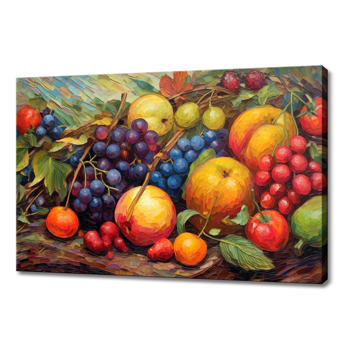 Vibrant Fruits Grapes Peaches Impasto Still Life Oil Painting Poster