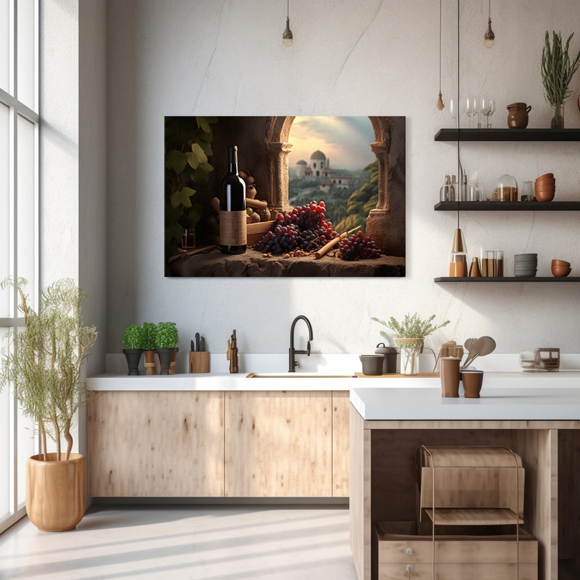 Red Wine Bottle Grapes Stone Window Tuscany Villa View Kitchen Print - Image 2