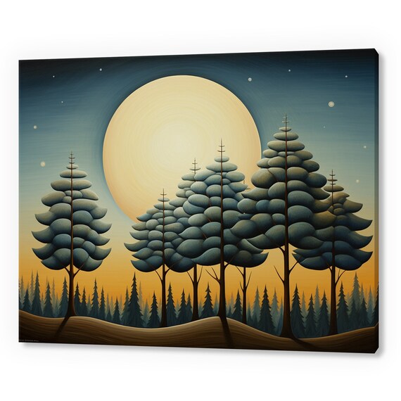 Fantasy Pine Forest Trees Moonlight Abstract Painting Style Print Farmhouse Decor Art Neutral Nature Picture Wall Hanging