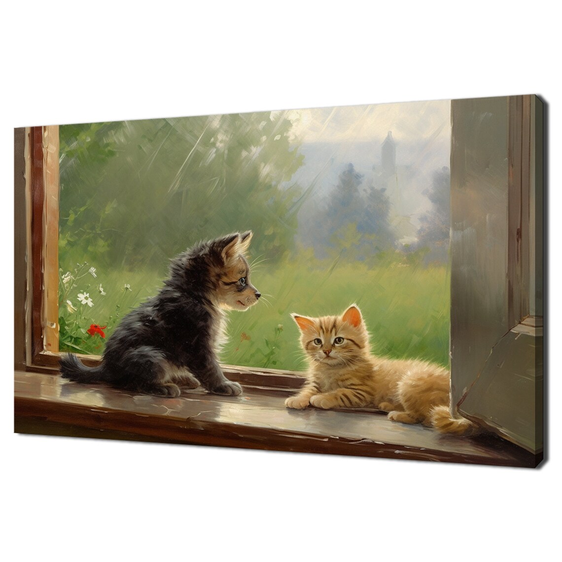 Two Kittens On Windowsill Watching Rain Cute Kitten Oil Painting Wall Art