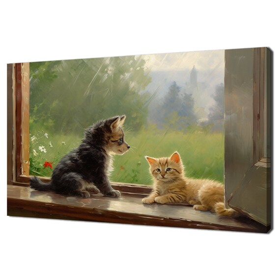 Two Kittens On Windowsill Watching Rain Cute Kitten Oil Painting Wall Art