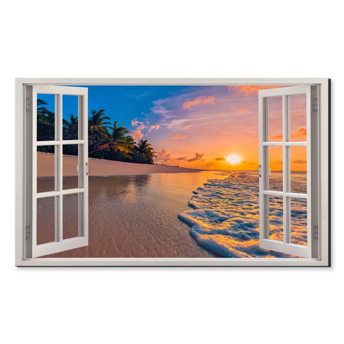 Tropical Beach Sunset with Palm Trees Through Open Window Frame Poster