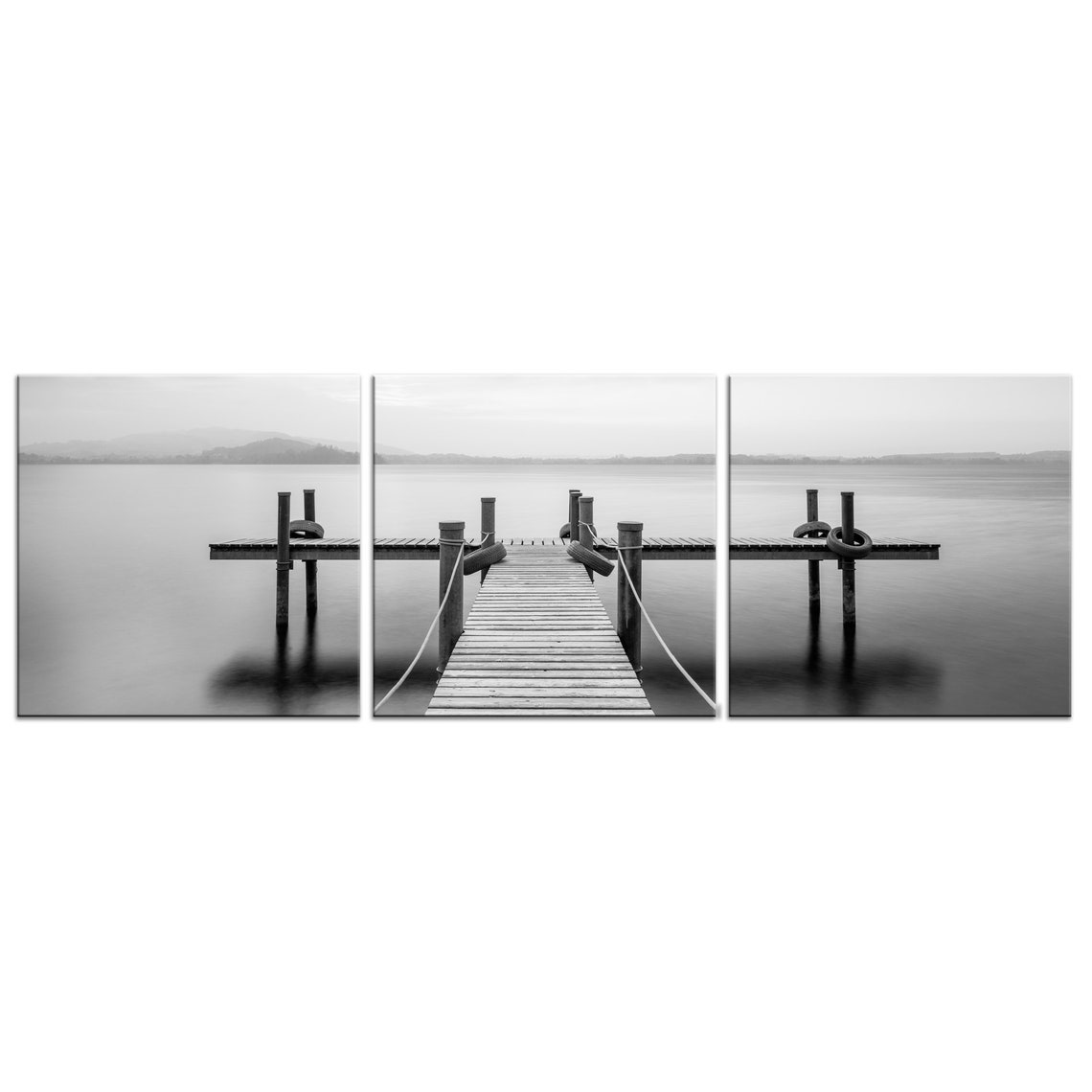 Black White Wooden Jetty Pier Three Panel Triptych Seascape Poster