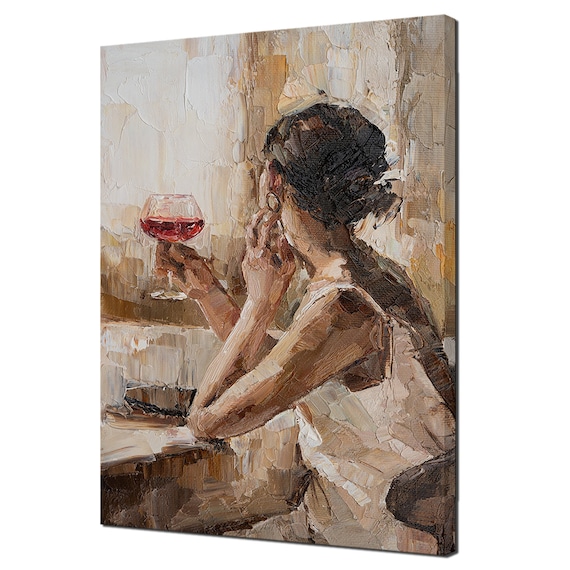 Woman Wine Glass Impressionist Palette Knife Painting Elegant Wall Art