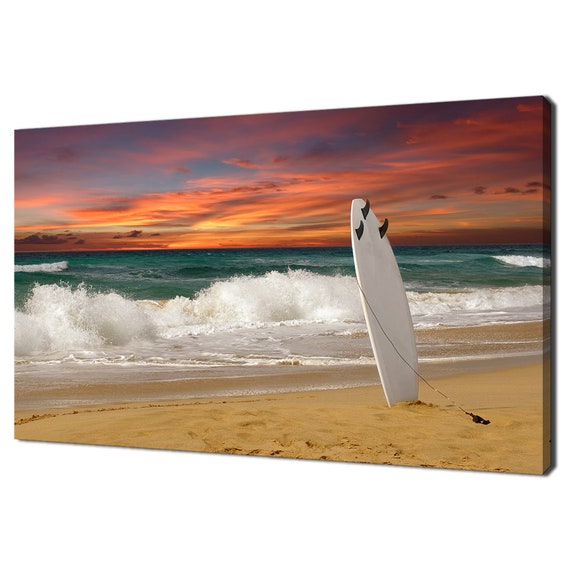 Beautiful Beach Scene With Surfboard Sunset Modern Seascape Design Home Decor Print Wall Art Picture Wall Hanging