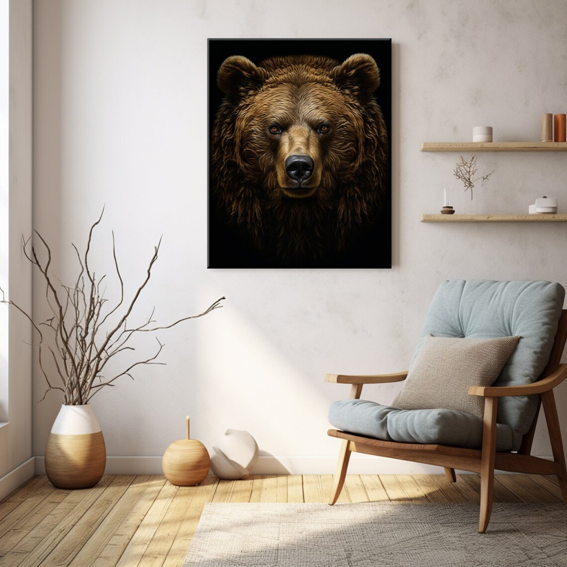 Grizzly Brown Bear Face Painted Portrait Dark Wildlife Art Wall Poster - Image 2