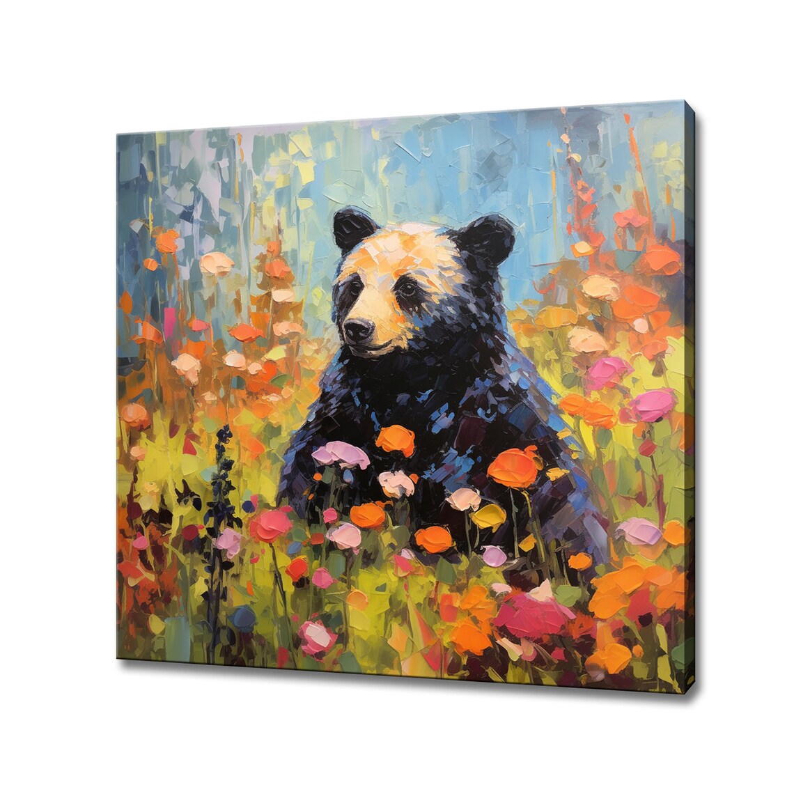 Black Bear Cub Colorful Wildflower Meadow Impasto Painting Wall Art
