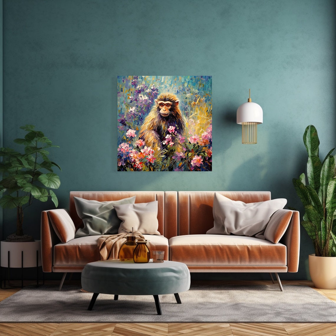 Cute Shaggy Monkey Sitting Among Pink Blossoms Oil Painting Poster - Image 4