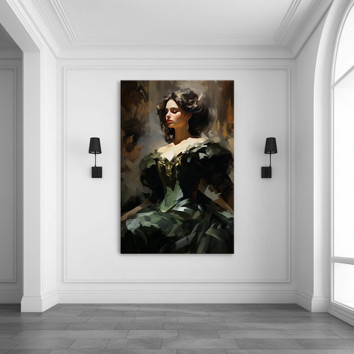Elegant Lady In Dark Green Victorian Baroque Gown Golden Bodice Poster - Image 3