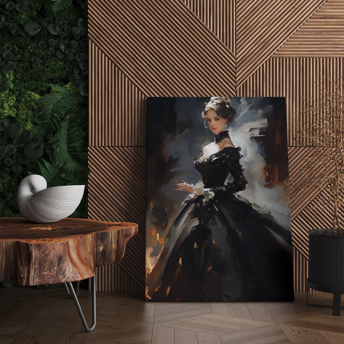 Elegant Lady In Black Baroque Gown Standing In Misty Light Wall Art - Image 4