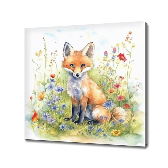 Cute Red Fox Kit In Wildflower Meadow Watercolor Nursery Animal Wall Art