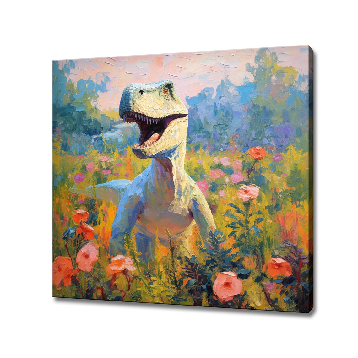 T Rex Dinosaur Roaring In A Colorful Wildflower Field Poster