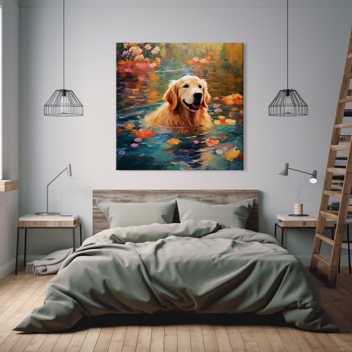 Golden Retriever Swimming Among Colorful Flowers Painting Print - Image 2