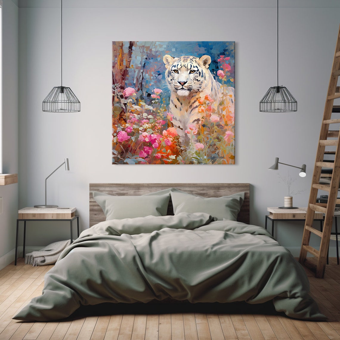 Snow Leopard Portrait Among Spring Blossoms Colorful Wildlife Poster - Image 3