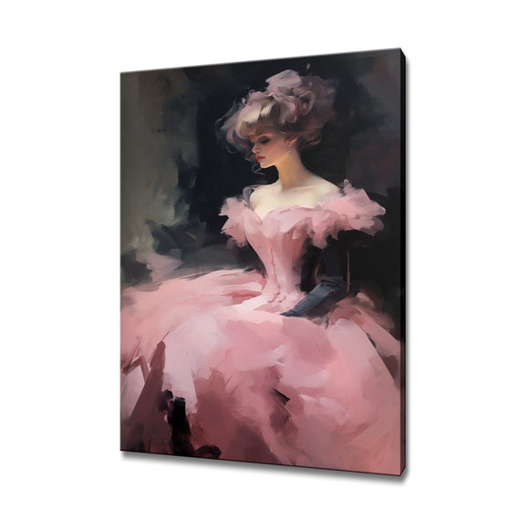Elegant Lady In Powder Pink Victorian Baroque Puffy Dress Painting Style Print Modern Home Decor Fashion Wall Art Gift For Her
