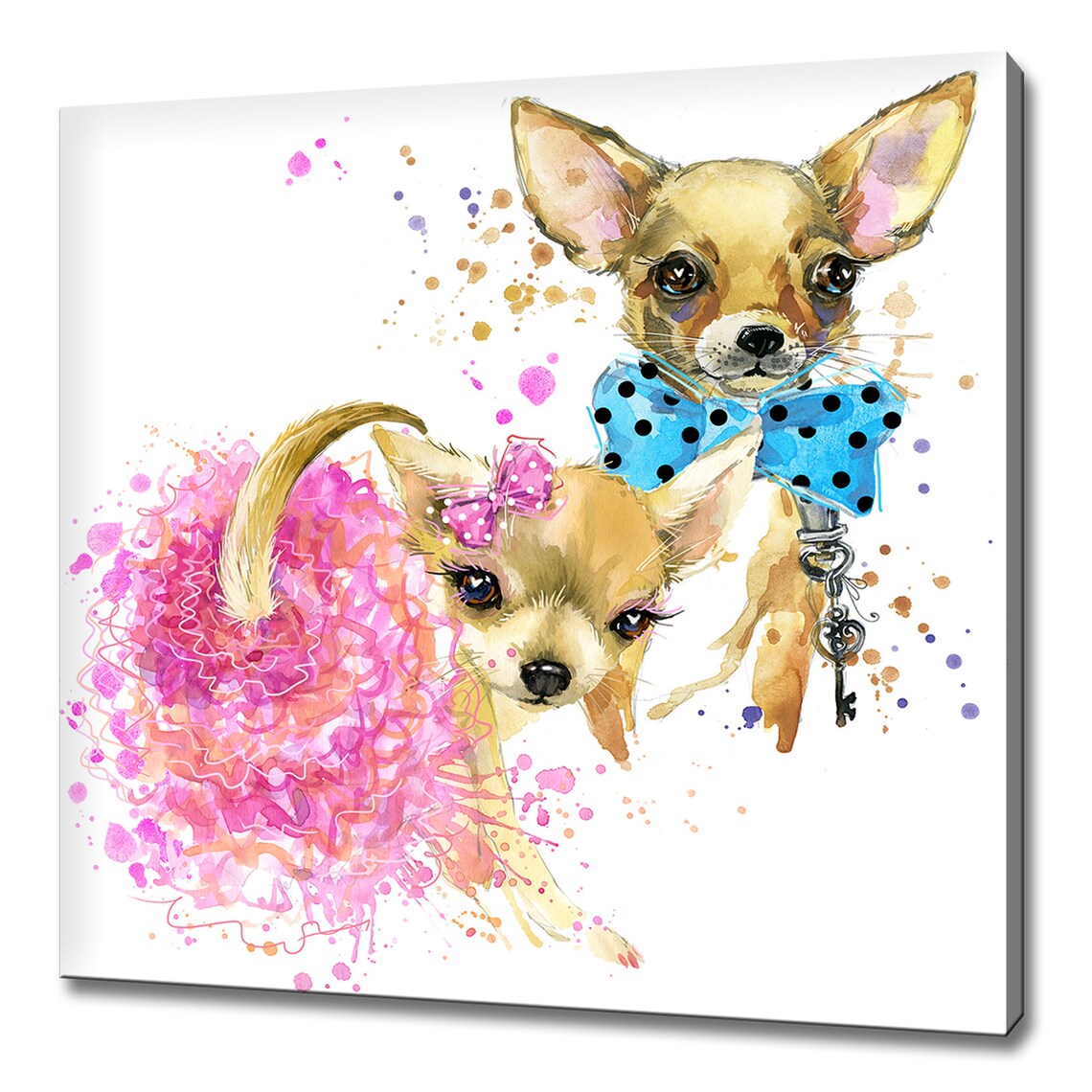 Two Chihuahua Dogs Pink Blue Fashion Watercolour Puppy Portrait Poster
