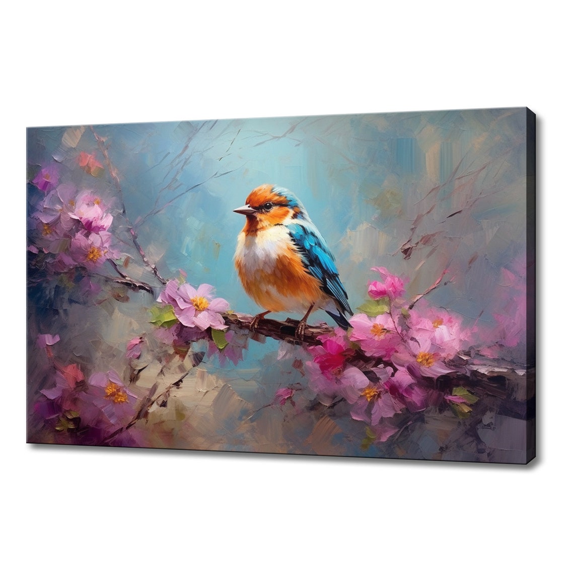 Small Orange Blue Songbird Blossom Branch Impressionist Art Poster