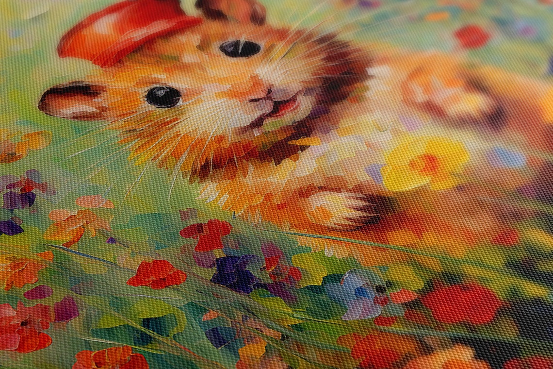 Cute Hamster Red Cap Wildflower Meadow Impressionist Animal Art Print - Image 4