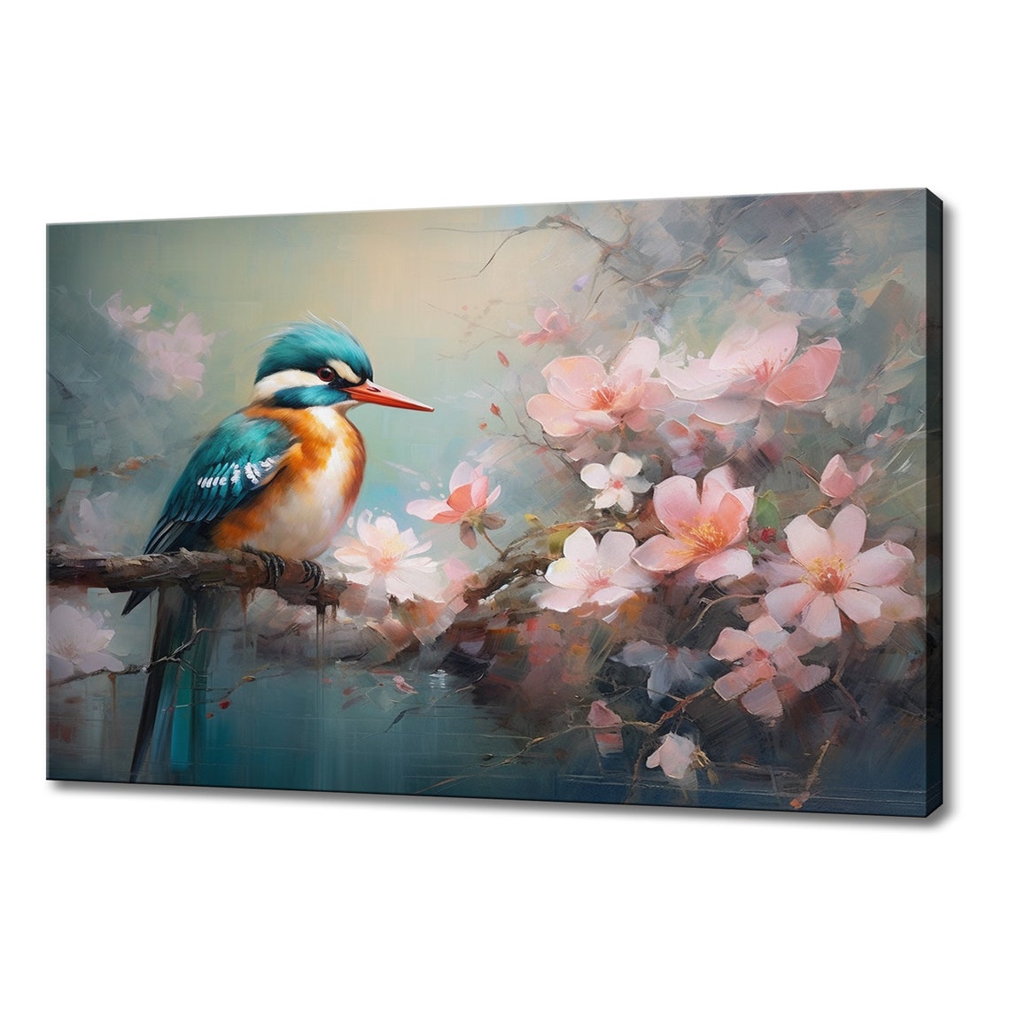 Crested Teal Kingfisher Orange Beak Cherry Blossom Branch Art Poster