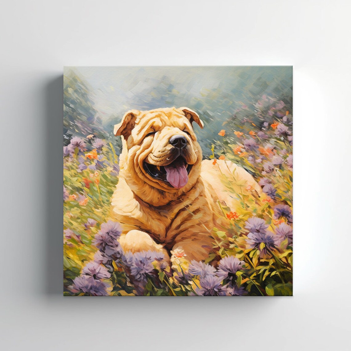 Happy Shar Pei Dog Smiling In Purple Wildflower Field Dog Poster