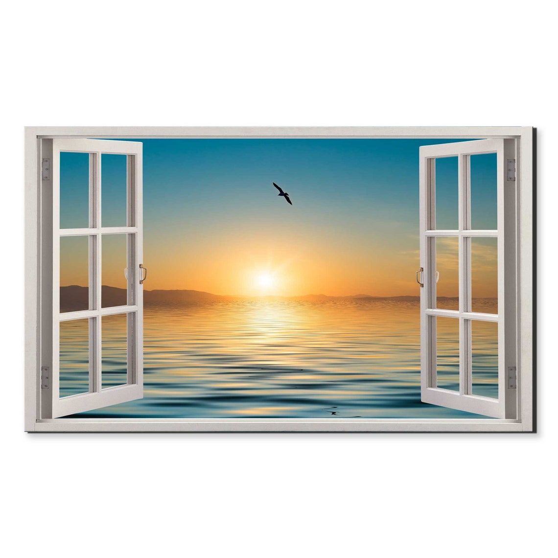Open Window Ocean Sunset Seascape with Seagull Tropical View Poster