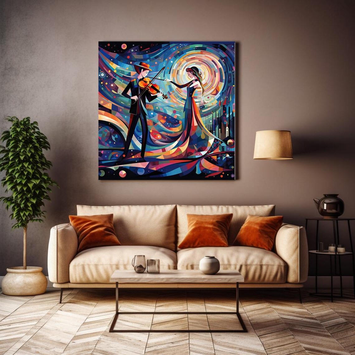 Violinist Musical Couple Colorful Abstract Night City Art Poster - Image 4
