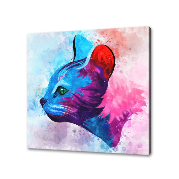 Cat Head Side Profile Blue Pink Watercolour Colourful Feline Art Poster