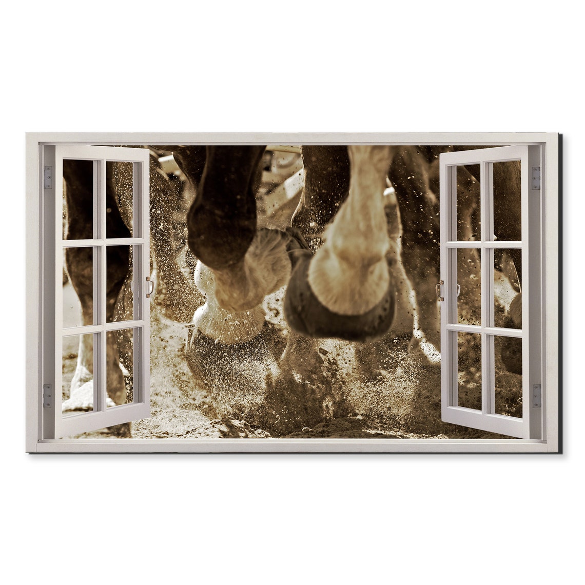 Open Window View Galloping Horse Hooves Close Up Sepia Wall Art