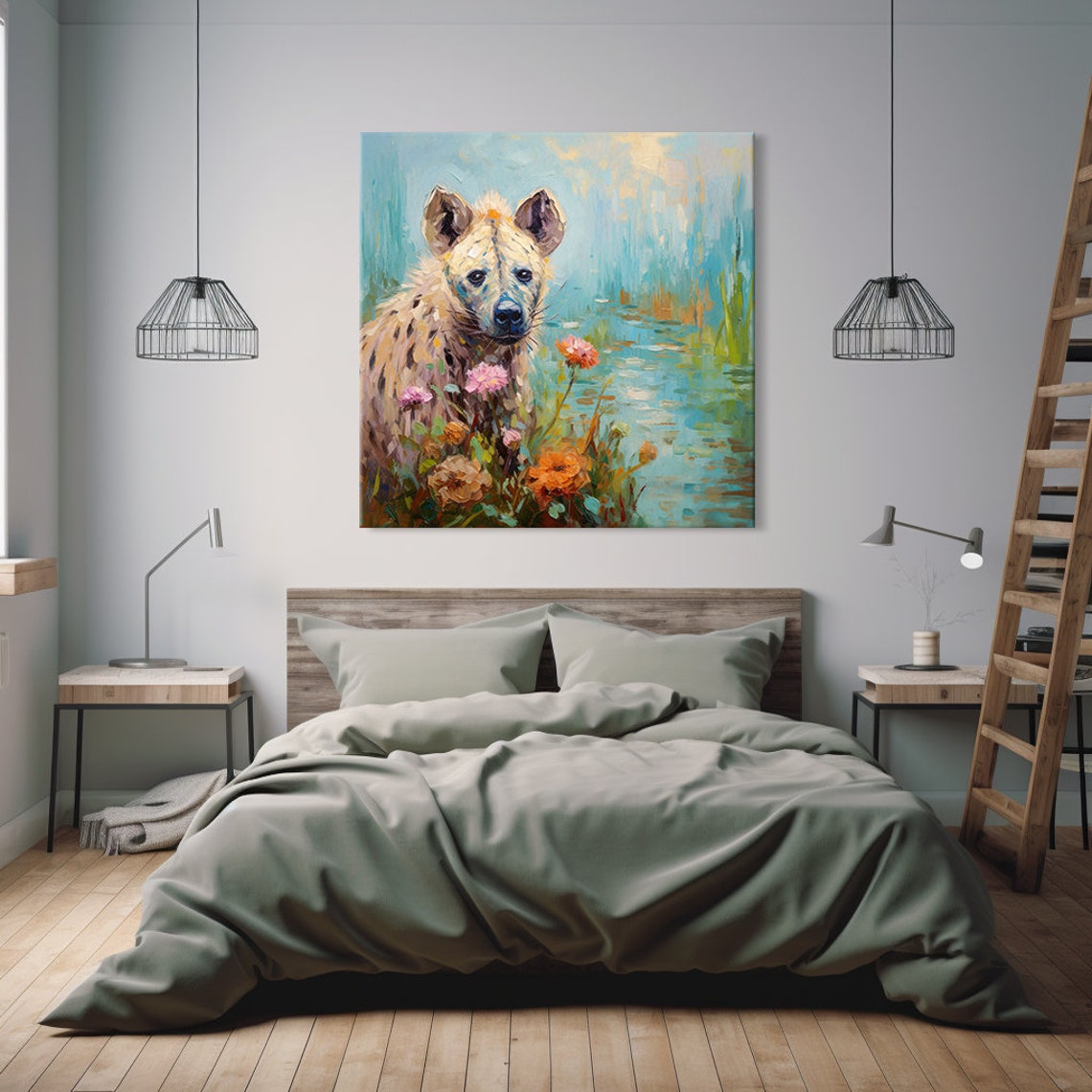 Spotted Hyena Among Wildflowers Waterside Impressionist Animal Print - Image 2