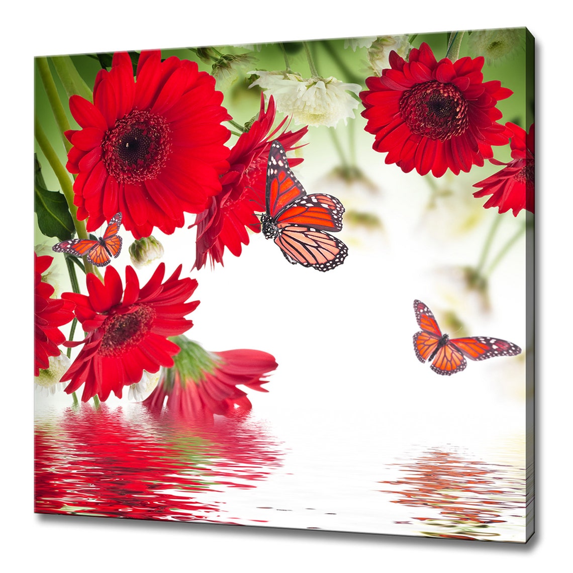 Red Gerbera Daisies With Monarch Butterflies Floral Art Print