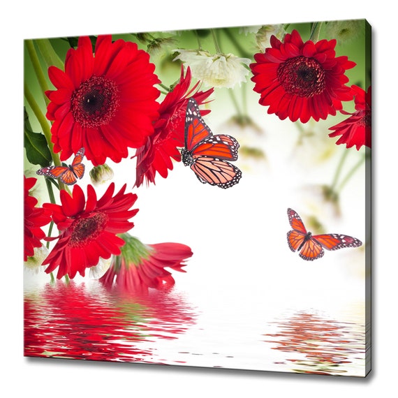 Beautiful Red Gerbera Daisies Flowers And Butterflies Modern Design Home Decor Print Wall Art Picture Wall Hanging