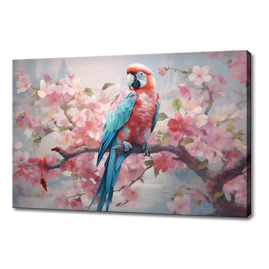 Coral Turquoise Parrot Macaw Blossom Branch Spring Painting Poster