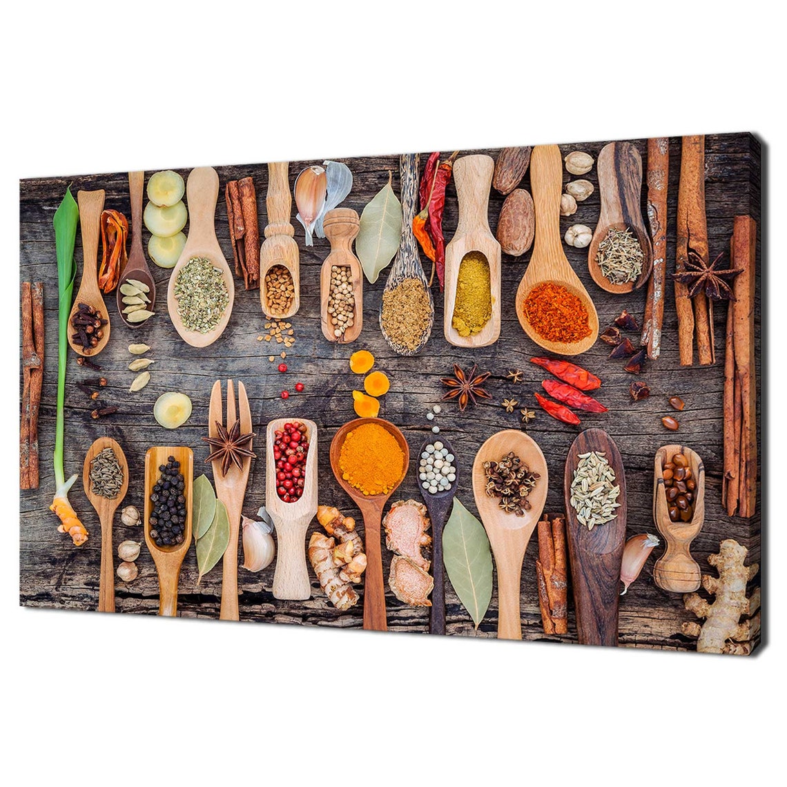 Assorted Spices Wooden Spoons Dark Rustic Wood Kitchen Art Print