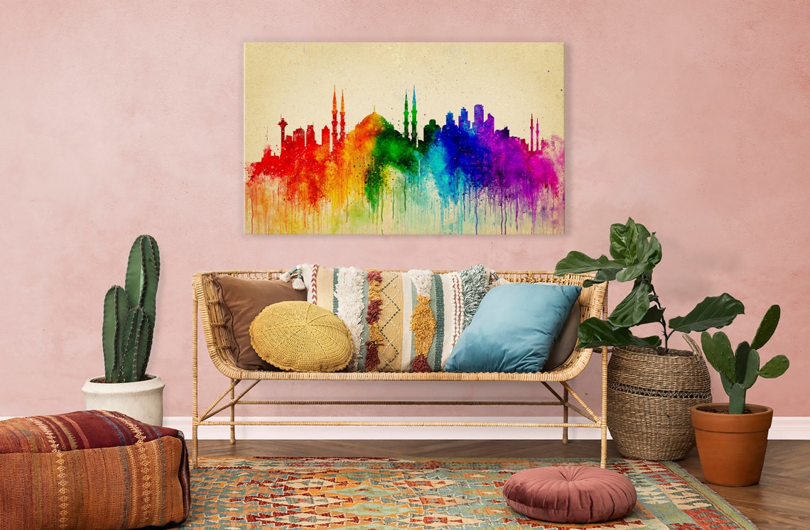 Istanbul Turkey Rainbow Skyline Mosques Minarets Watercolor Poster - Image 2