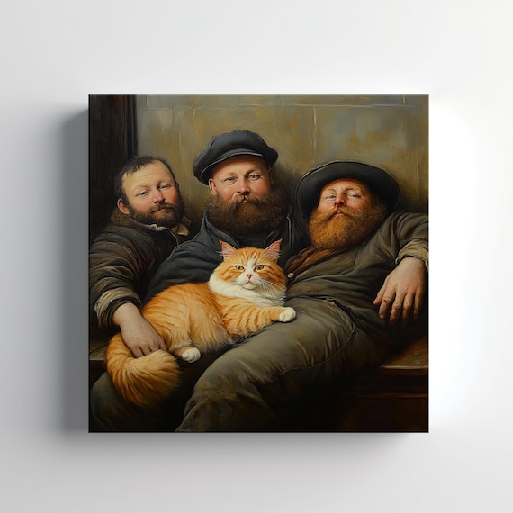 Three Bearded Men And Orange Tabby Cat Humorous Vintage Painting Print