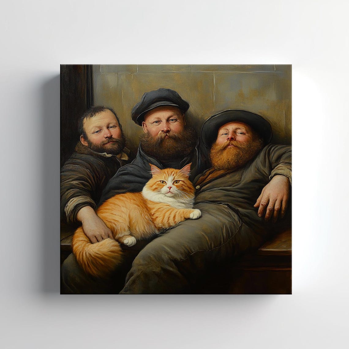 Three Bearded Men And Orange Tabby Cat Humorous Vintage Painting Print