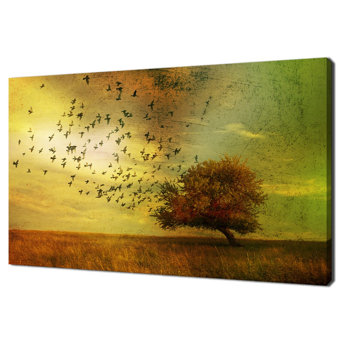 Birds Flying Toward Lone Tree, Modern Landscape Art Print