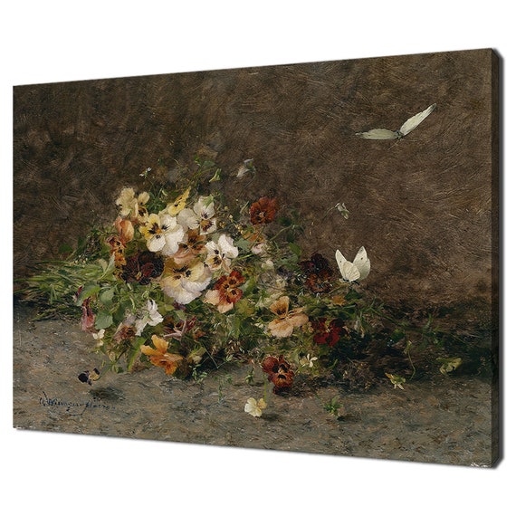 Pansies And Butterflies Still Life Vintage Victorian Oil Painting Print Vintage Still Life With Flowers Antique Floral Painting