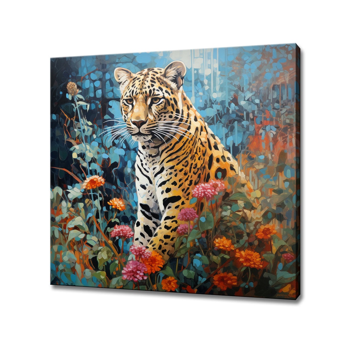 Spotted Leopard In Colorful Flower Field Impressionist Animal Poster
