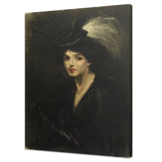 Woman in Black Feathered Hat Moody Antique Oil Portrait Print